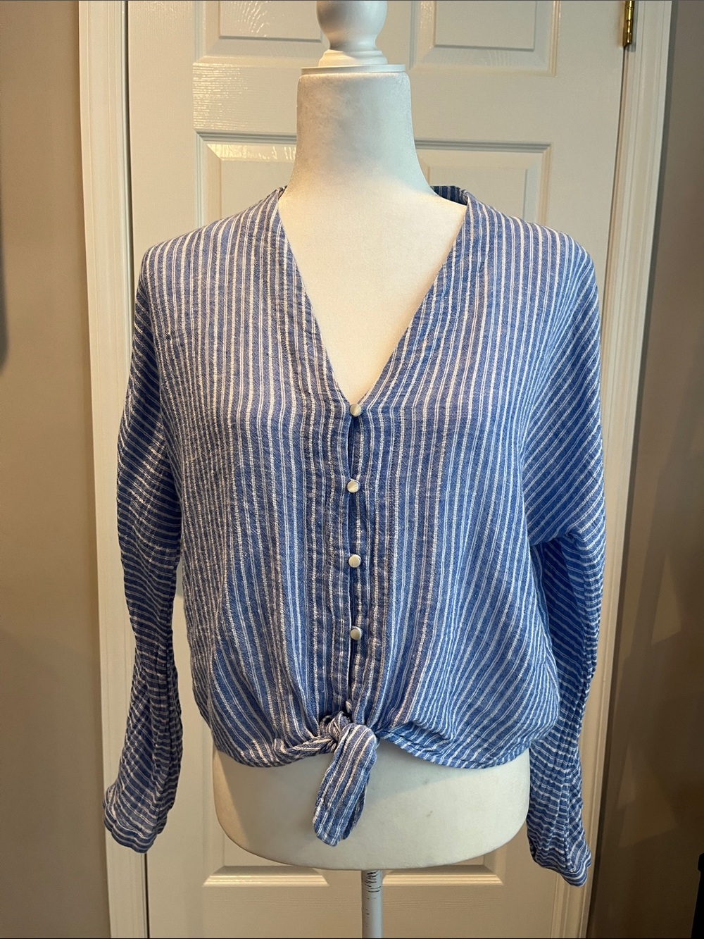 Rails Blue and White Striped Tie-Front Button Shirt